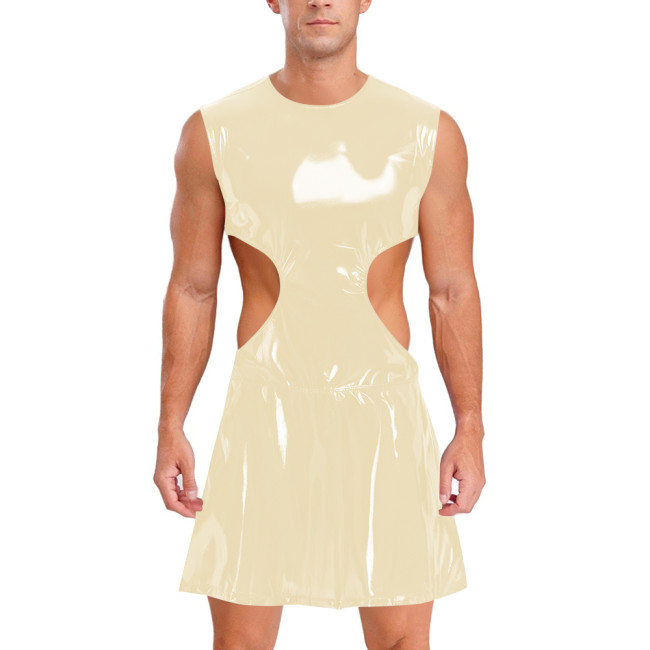 Mens Sissy Wet Look Mini Dress Sleeveless Hollow Out PVC Shiny Leather Dress Male Clubwear Crossdress Raves Nightclub Costume