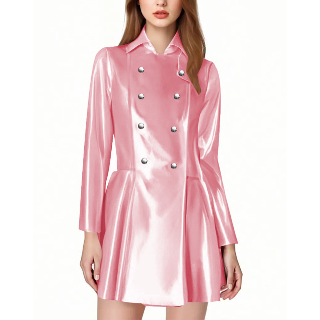 Elegant Ladies Fit and Flare Short Trench Coat Fashion Wetlook Double Breasted A-line Jackets PVC Shiny Leather Dress Streetwear