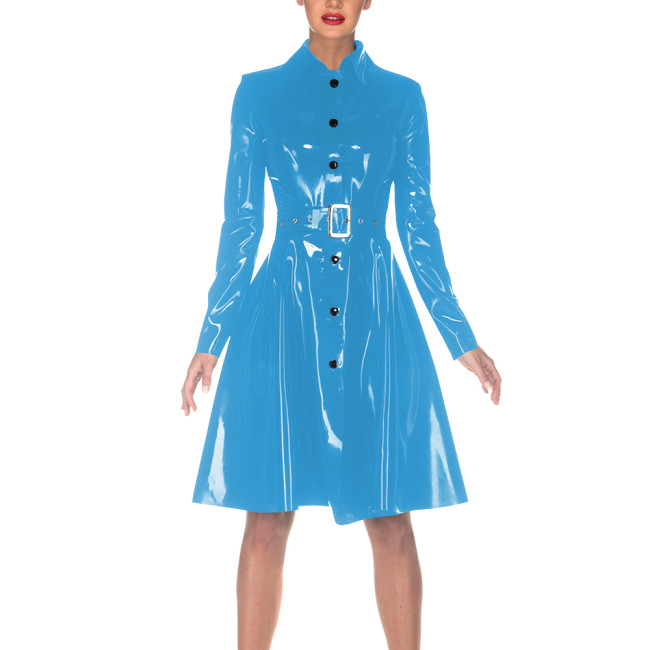 Women Elegant Vinyl PVC Leather Dress with Belt Turn-down Collar Trench Style Dresses Single-breasted Fashion Coat Clubwear