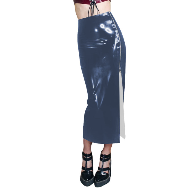 Women's High Waisted Zipper Side Split Midi Skirt Glossy PVC Leather Slim Fit Long Skirt Elegant Ladies Pencil Skirts Streetwear