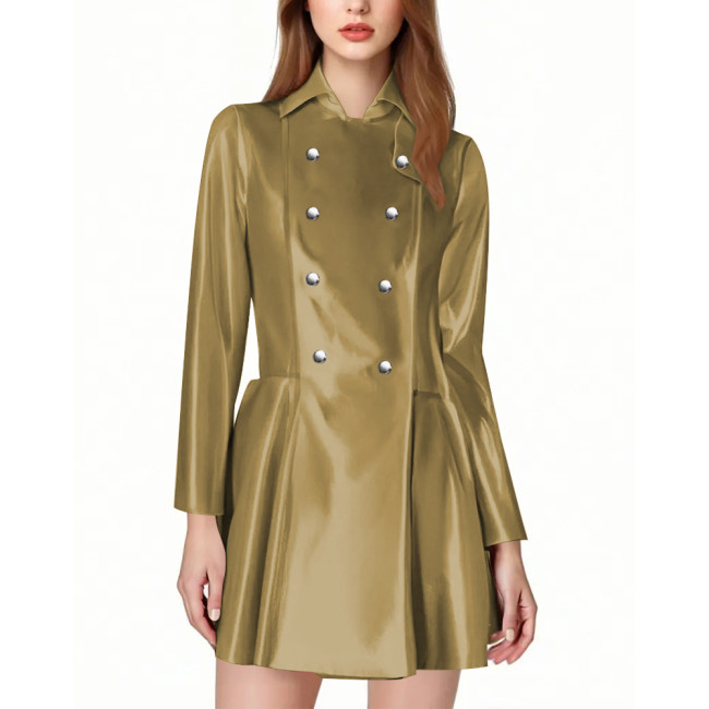 Elegant Ladies Fit and Flare Short Trench Coat Fashion Wetlook Double Breasted A-line Jackets PVC Shiny Leather Dress Streetwear
