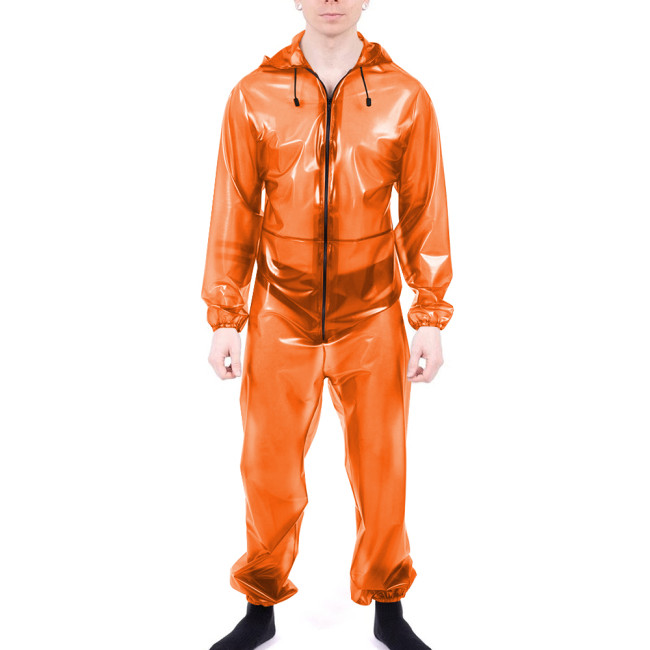 Club Sexy Clear Vinyl PVC Jumpsuit Long Sleeve Fetish Plastic Party Overalls with Hooded Male Zipper Front Cosplay Slim Rompers
