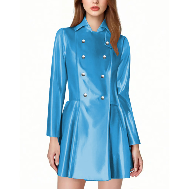 Elegant Ladies Fit and Flare Short Trench Coat Fashion Wetlook Double Breasted A-line Jackets PVC Shiny Leather Dress Streetwear