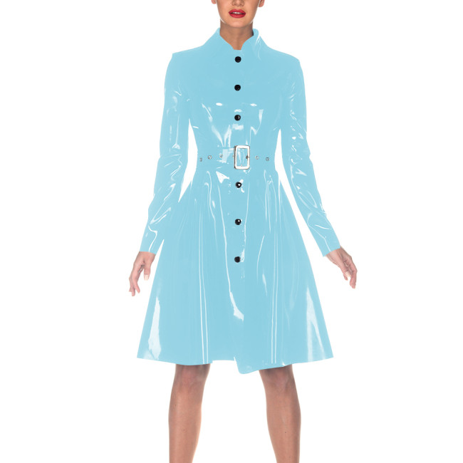 Women Elegant Vinyl PVC Leather Dress with Belt Turn-down Collar Trench Style Dresses Single-breasted Fashion Coat Clubwear