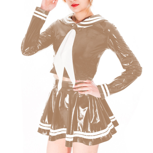 Wetlook Sexy PVC Shiny Sailor Dress Suit Crossdresser Cosplay Sailor Neck Long Sleeve Top High Waist Mini Skirts School Uniform