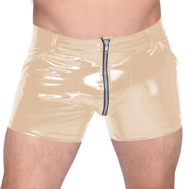 Men's Vinyl PVC Leather Tight Shorts Sexy Zip-Up Crotch Boxers Shorts Nightclub Bar Club Hot Pants Wet Look Lingerie Bottoms 7XL