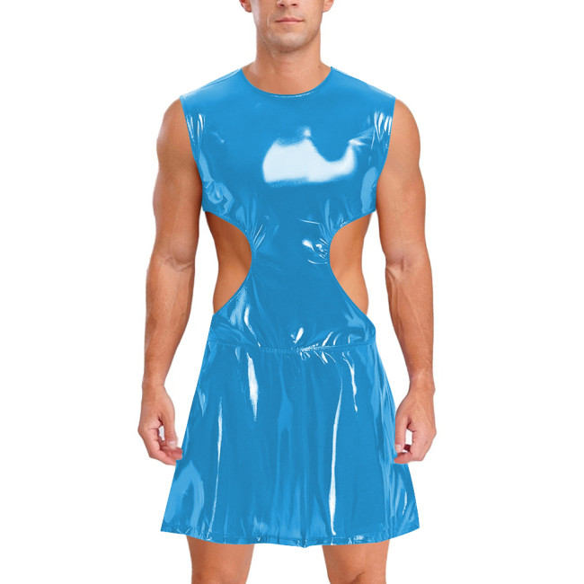 Mens Sissy Wet Look Mini Dress Sleeveless Hollow Out PVC Shiny Leather Dress Male Clubwear Crossdress Raves Nightclub Costume