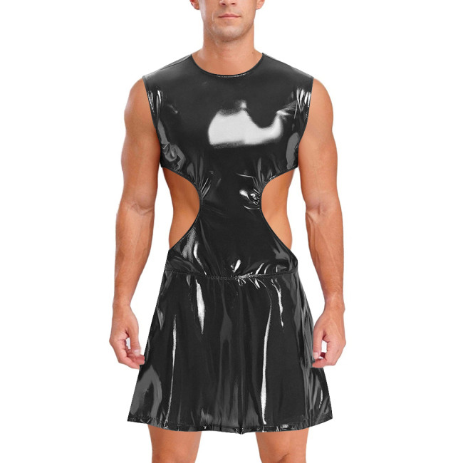 Mens Sissy Wet Look Mini Dress Sleeveless Hollow Out PVC Shiny Leather Dress Male Clubwear Crossdress Raves Nightclub Costume