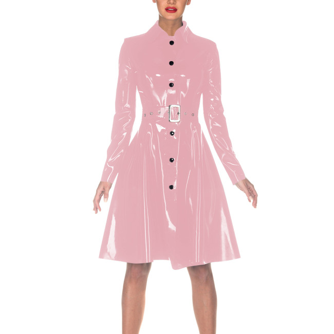 Women Elegant Vinyl PVC Leather Dress with Belt Turn-down Collar Trench Style Dresses Single-breasted Fashion Coat Clubwear