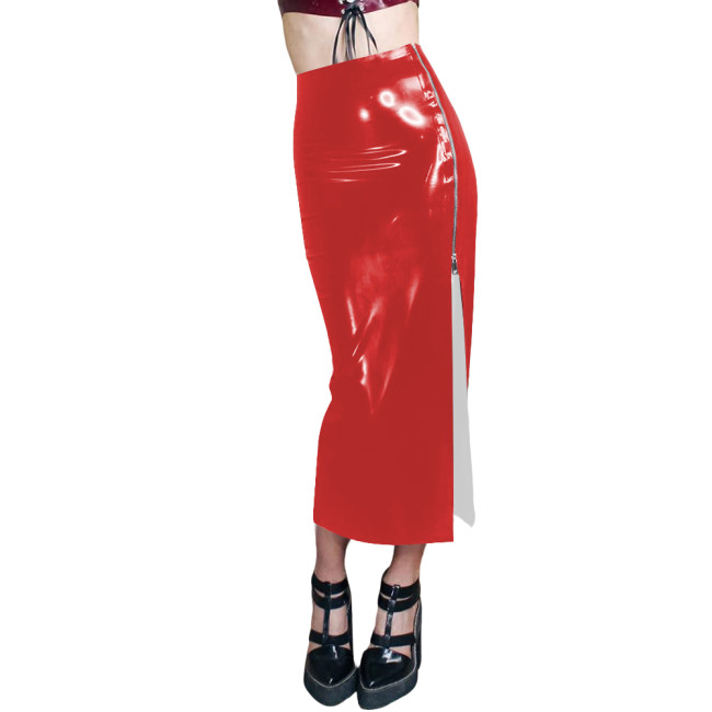 Women's High Waisted Zipper Side Split Midi Skirt Glossy PVC Leather Slim Fit Long Skirt Elegant Ladies Pencil Skirts Streetwear