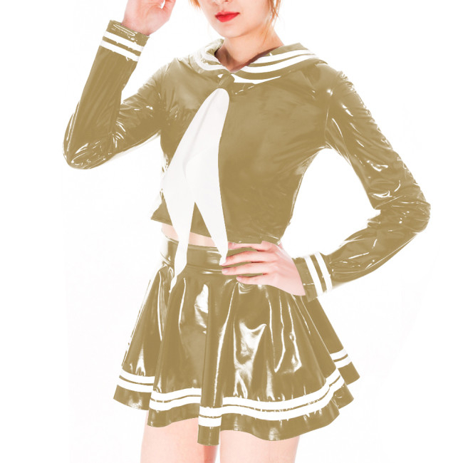 Wetlook Sexy PVC Shiny Sailor Dress Suit Crossdresser Cosplay Sailor Neck Long Sleeve Top High Waist Mini Skirts School Uniform