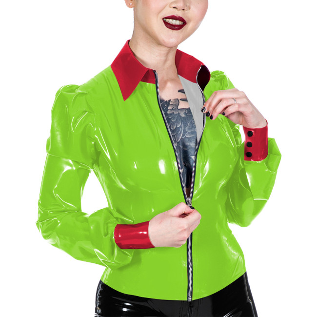Womens Wet Look PVC Jacket Fashion Turn-down Collar Glossy Faux Leather Jacket Casual Nightclub Long Sleeve Coat Ladies Clubwear