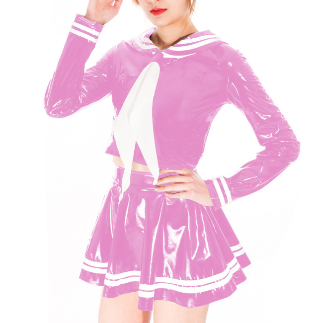 Wetlook Sexy PVC Shiny Sailor Dress Suit Crossdresser Cosplay Sailor Neck Long Sleeve Top High Waist Mini Skirts School Uniform