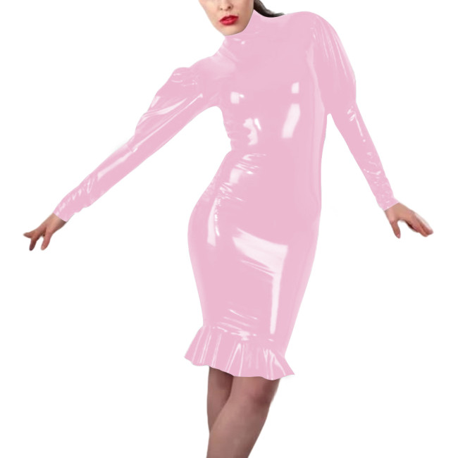 Women Sexy Tight Latex-look Dress Vinyl PVC Leather Bodycon Mermaid Dress with Long Sleeve Design Knee-length Party Club Wear