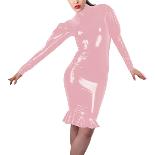 Women Sexy Tight Latex-look Dress Vinyl PVC Leather Bodycon Mermaid Dress with Long Sleeve Design Knee-length Party Club Wear