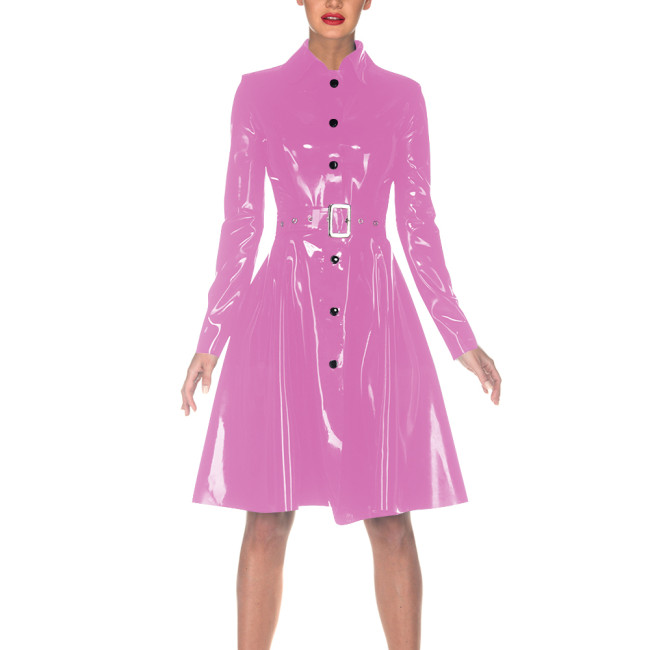 Women Elegant Vinyl PVC Leather Dress with Belt Turn-down Collar Trench Style Dresses Single-breasted Fashion Coat Clubwear