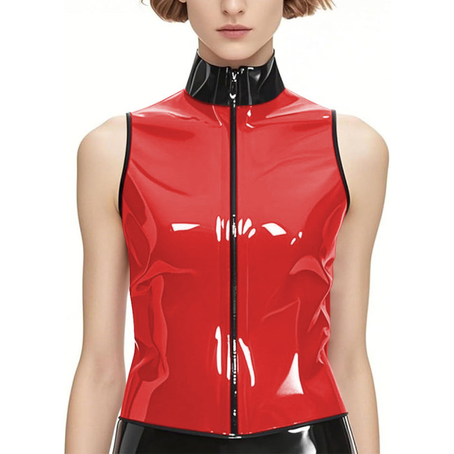 Punk PVC Shiny Leather Stand Collar Tank Tops Wetlook Zipper Front Vest Top Womens Mens Slim Sleeveless Jacket Club Costumes