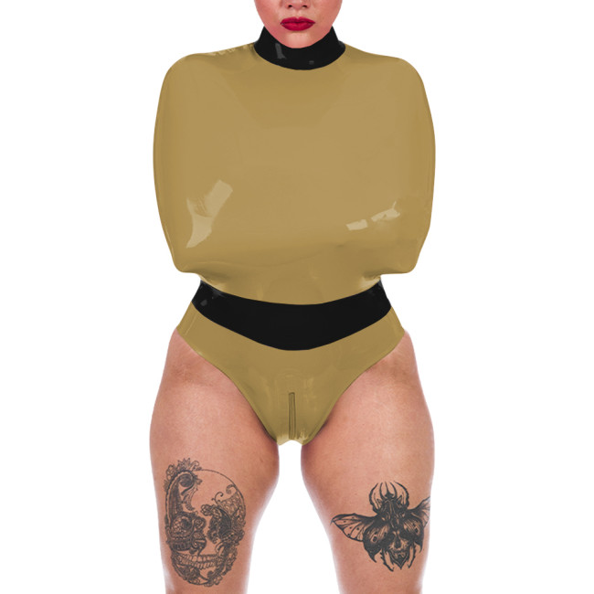 Wet Look Sexy PVC Wrap Bodysuit Sissy Exotic Sleeveless High Neck Bondage Catsuit Cosplay Zipper Open Crotch High Cut Rompers