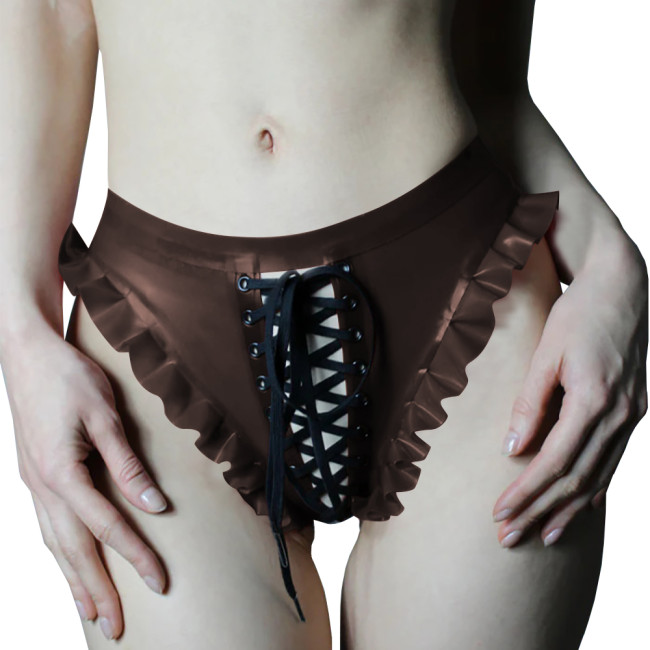 Women PVC Vinyl Leather Cut Out Thongs Briefs Wet Look Lace-up Underwear Exoitc Zipper Open Crotch Panties Sexy Nightclub Wear