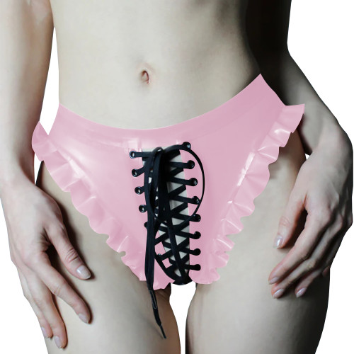 Women PVC Vinyl Leather Cut Out Thongs Briefs Wet Look Lace-up Underwear Exoitc Zipper Open Crotch Panties Sexy Nightclub Wear