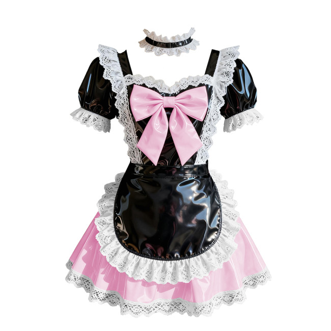 Wetlook Sweet Party Cosplay Maid Prom Dress Short Sleeve Lolita Bow Pleated Mini Dress Glossy PVC Leather French Maid Uniforms