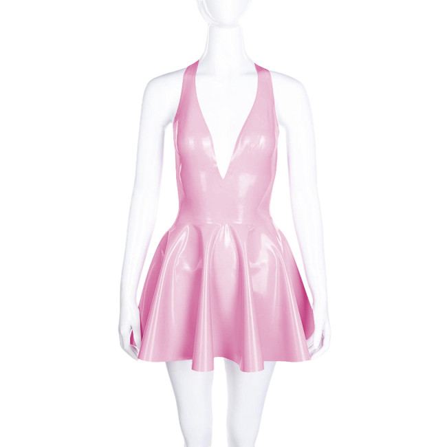 High Waist A-line Pleated Dress for Women Smoothing PVC Leather Halter Mini Dress Sexy V Neck Backless Club Party Short Dresses