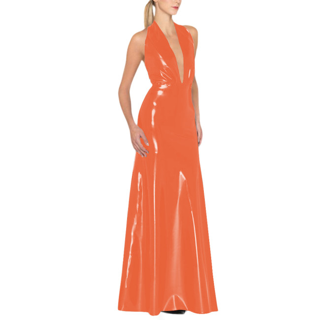 Womens Backless Sexy Maxi Dress Latex-look Party Halter Deep V Neck Sleeveless Long Dresses Glossy PVC High Waist Elegant Dress