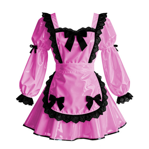 Sissy Cosplay Lace Trims Maid Prom Dress with Apron Puff Sleeve Halloween Gothic Lolita Evening Dress PVC Shiny Maid Uniform