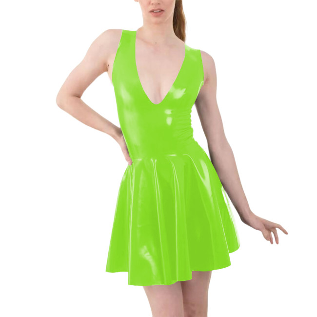 Vinyl Sleeveless Womens A-line Dress Sexy V Neck PVC Glossy Leather Pleated Casual Dresses Female Latex-look Sundress Clubwear