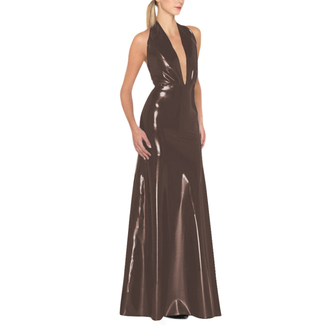 Womens Backless Sexy Maxi Dress Latex-look Party Halter Deep V Neck Sleeveless Long Dresses Glossy PVC High Waist Elegant Dress