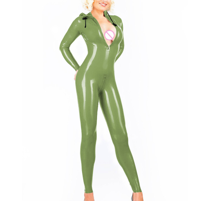 Women's Glossy PVC Leather Bodysuit Hooded Jumpsuit Sexy Club Wear Long Sleeve Wetlook Party Overalls Rave Dance Cosplay Catsuit