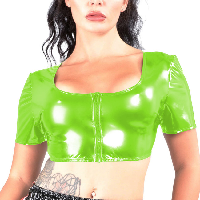 High Street Vinyl PVC Leather Short Tops Short Sleeves Zipper Front Crop T-shirt Punk Motorbike Girl T-shirts Plus Size Clothing
