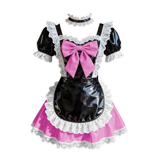 Wetlook Sweet Party Cosplay Maid Prom Dress Short Sleeve Lolita Bow Pleated Mini Dress Glossy PVC Leather French Maid Uniforms
