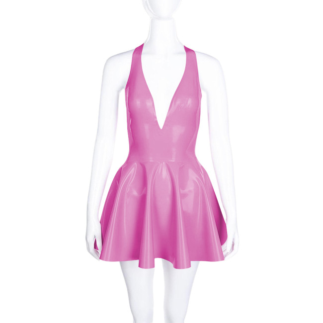 High Waist A-line Pleated Dress for Women Smoothing PVC Leather Halter Mini Dress Sexy V Neck Backless Club Party Short Dresses