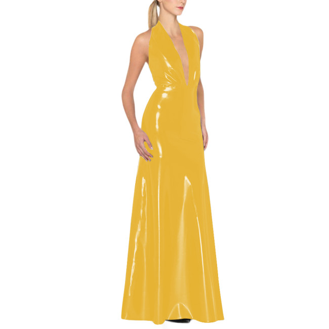 Womens Backless Sexy Maxi Dress Latex-look Party Halter Deep V Neck Sleeveless Long Dresses Glossy PVC High Waist Elegant Dress