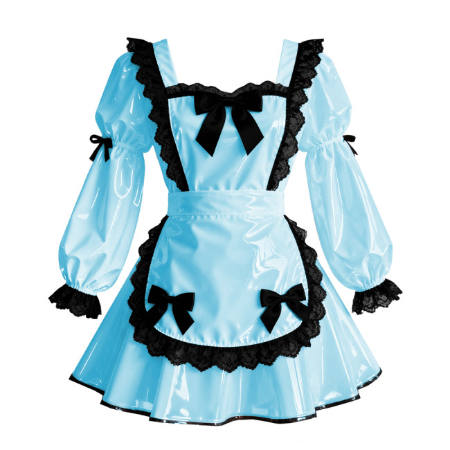 Sissy Cosplay Lace Trims Maid Prom Dress with Apron Puff Sleeve Halloween Gothic Lolita Evening Dress PVC Shiny Maid Uniform