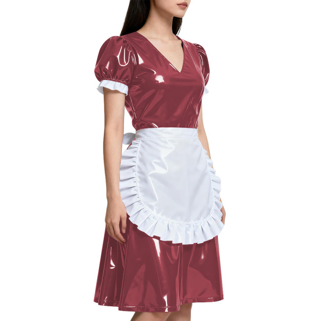 Short Sleeve Elegant Maid Outfits for Womens Anime Apron Maid Role Play Knee-length Dress Vinyl PVC Leather Cosplay Maid Uniform