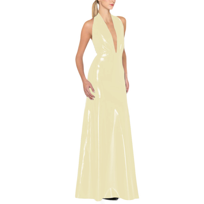 Womens Backless Sexy Maxi Dress Latex-look Party Halter Deep V Neck Sleeveless Long Dresses Glossy PVC High Waist Elegant Dress