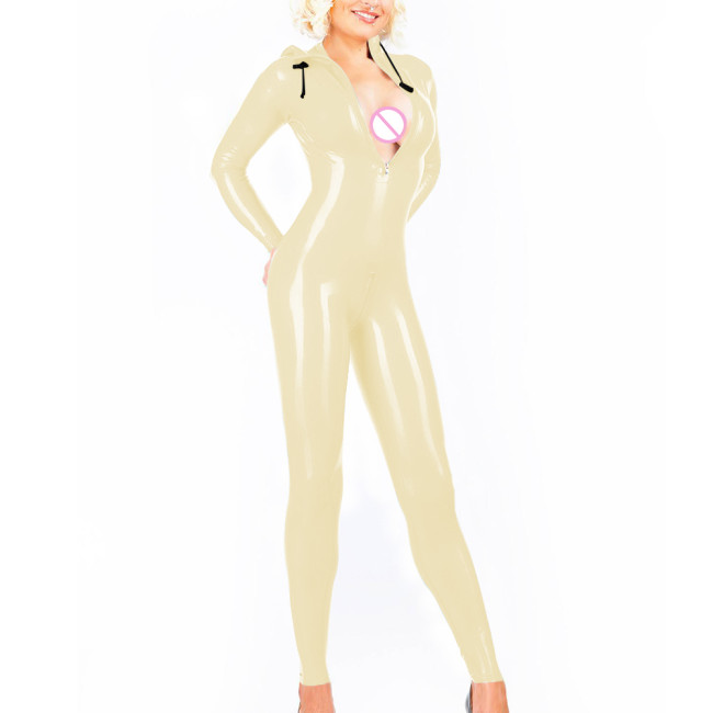 Women's Glossy PVC Leather Bodysuit Hooded Jumpsuit Sexy Club Wear Long Sleeve Wetlook Party Overalls Rave Dance Cosplay Catsuit