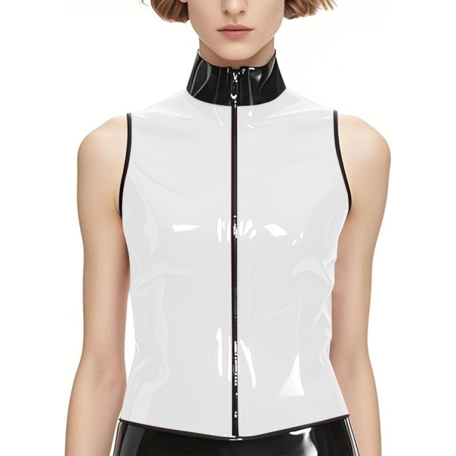 Punk PVC Shiny Leather Stand Collar Tank Tops Wetlook Zipper Front Vest Top Womens Mens Slim Sleeveless Jacket Club Costumes