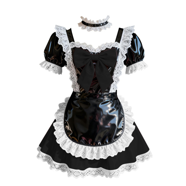 Wetlook Sweet Party Cosplay Maid Prom Dress Short Sleeve Lolita Bow Pleated Mini Dress Glossy PVC Leather French Maid Uniforms
