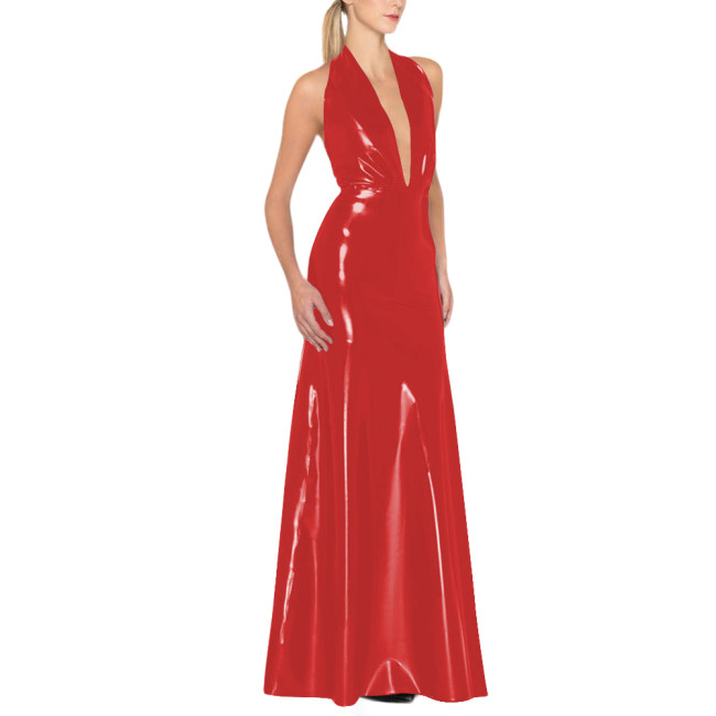 Womens Backless Sexy Maxi Dress Latex-look Party Halter Deep V Neck Sleeveless Long Dresses Glossy PVC High Waist Elegant Dress