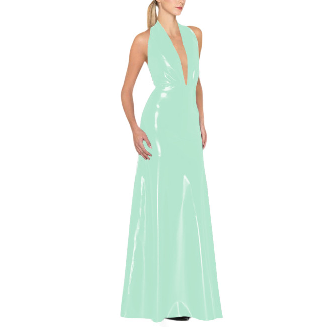 Womens Backless Sexy Maxi Dress Latex-look Party Halter Deep V Neck Sleeveless Long Dresses Glossy PVC High Waist Elegant Dress
