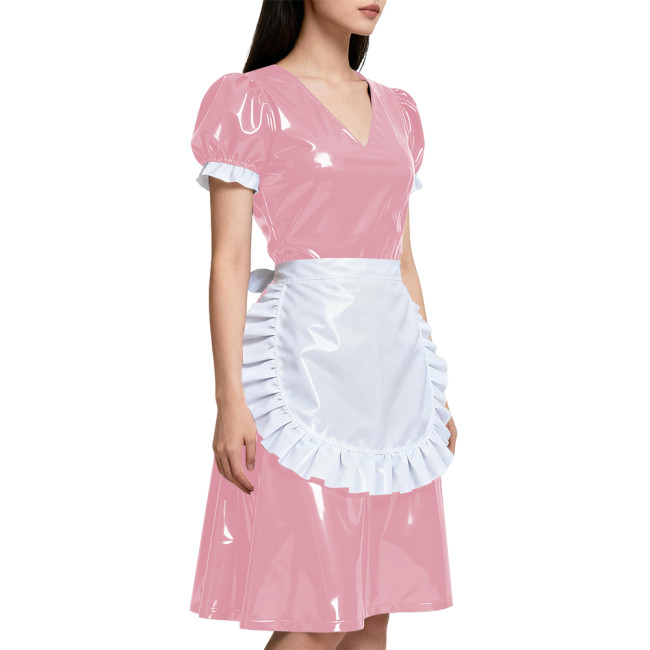 Short Sleeve Elegant Maid Outfits for Womens Anime Apron Maid Role Play Knee-length Dress Vinyl PVC Leather Cosplay Maid Uniform