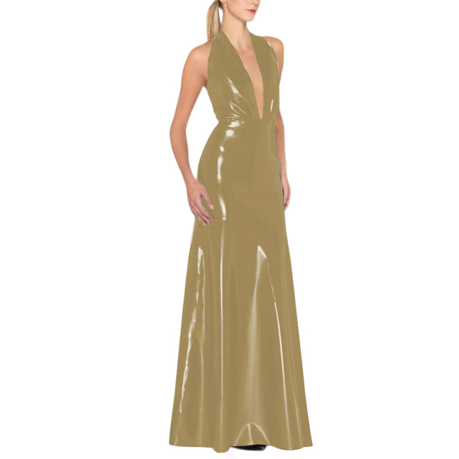 Womens Backless Sexy Maxi Dress Latex-look Party Halter Deep V Neck Sleeveless Long Dresses Glossy PVC High Waist Elegant Dress