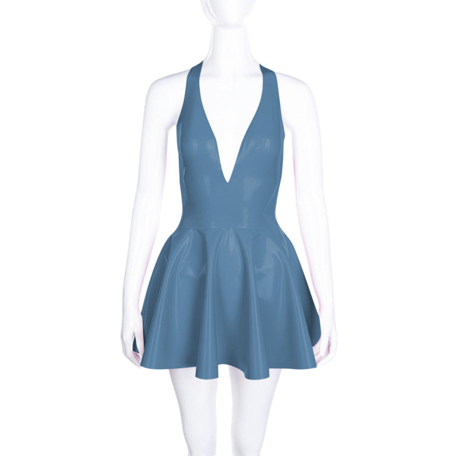 High Waist A-line Pleated Dress for Women Smoothing PVC Leather Halter Mini Dress Sexy V Neck Backless Club Party Short Dresses
