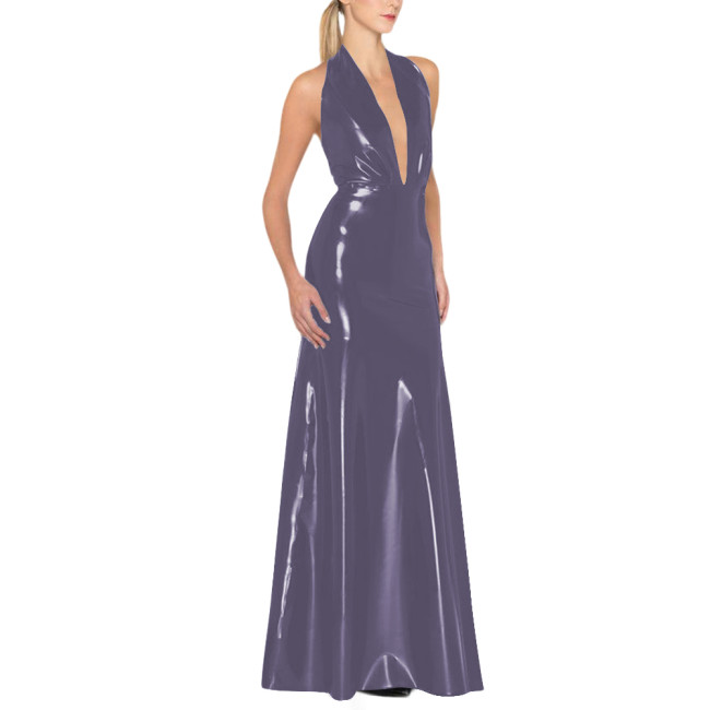 Womens Backless Sexy Maxi Dress Latex-look Party Halter Deep V Neck Sleeveless Long Dresses Glossy PVC High Waist Elegant Dress