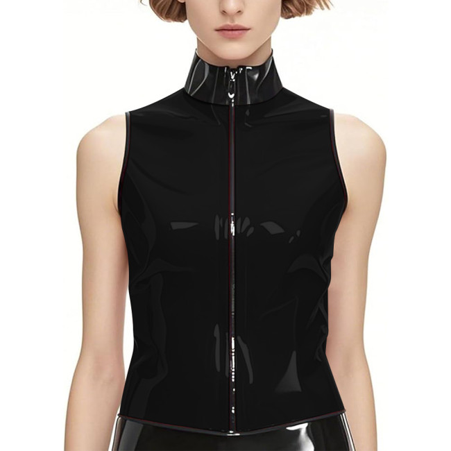 Punk PVC Shiny Leather Stand Collar Tank Tops Wetlook Zipper Front Vest Top Womens Mens Slim Sleeveless Jacket Club Costumes