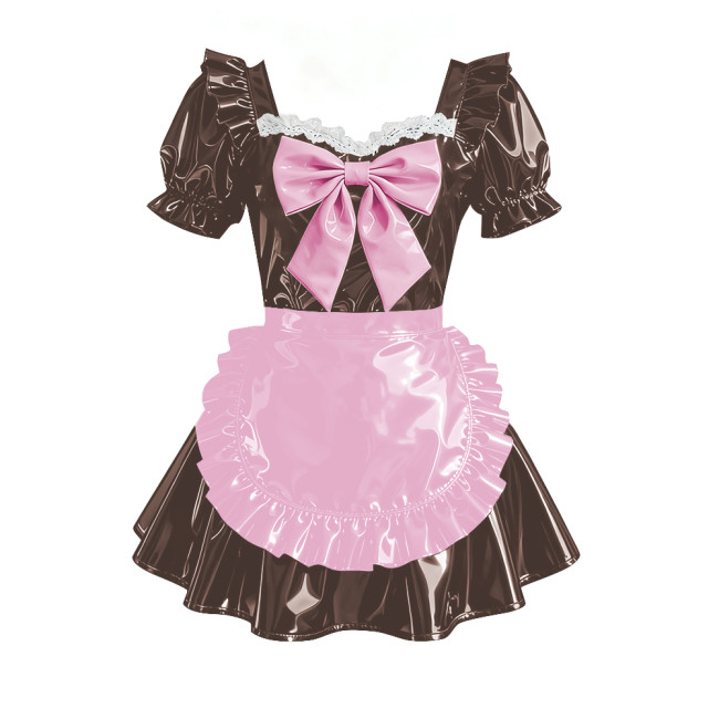Sweet Bowtie Puff Short Sleeve Maid Uniforms Vinyl PVC Leather Pleated Short Evening Dress Sissy Cosplay Party Lolita Prom Dress