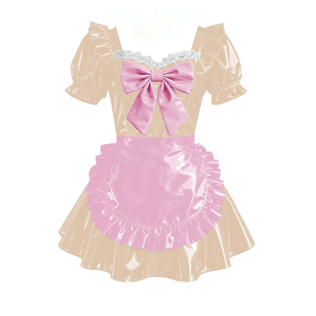 Sweet Bowtie Puff Short Sleeve Maid Uniforms Vinyl PVC Leather Pleated Short Evening Dress Sissy Cosplay Party Lolita Prom Dress